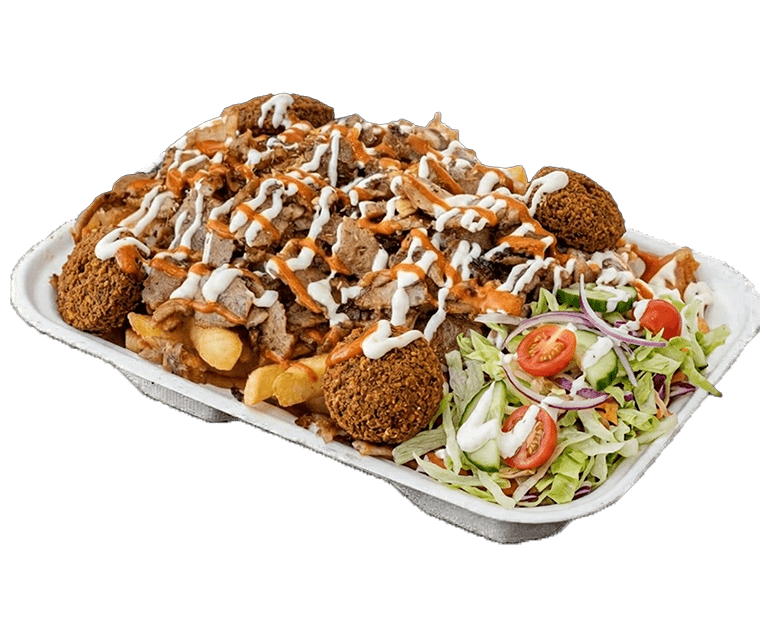 Ispa Kebabs falafel HSP with chips and salad
